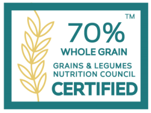 logo is an image of a grain within a green rectangle border and green text which says 70% whole grain. grains &legumes nutrition council certified
