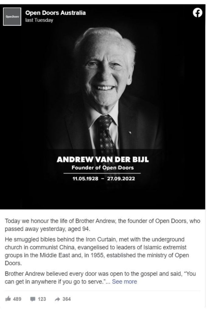 Brother Andrew tribute on Facebook